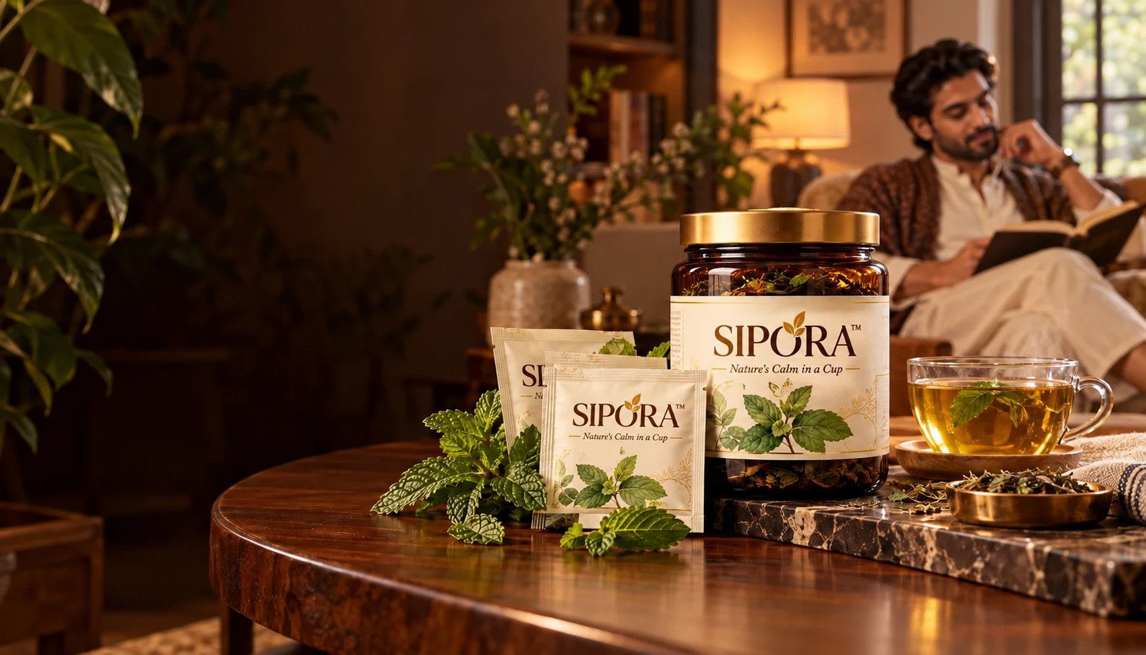 Two freshly brewed botanical teas with loose herbs and a Sipora bottle