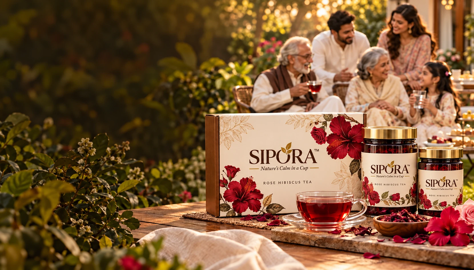Two freshly brewed botanical teas with loose herbs and a Sipora bottle