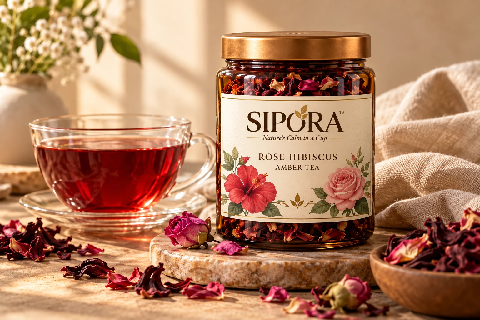 Two freshly brewed botanical teas with loose herbs and a Sipora bottle
